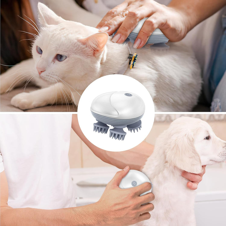 Healing Journey Electric Scalp Massager with 4 Rotating Heads Compact & Ergonomic Design being used on a cat and dog.