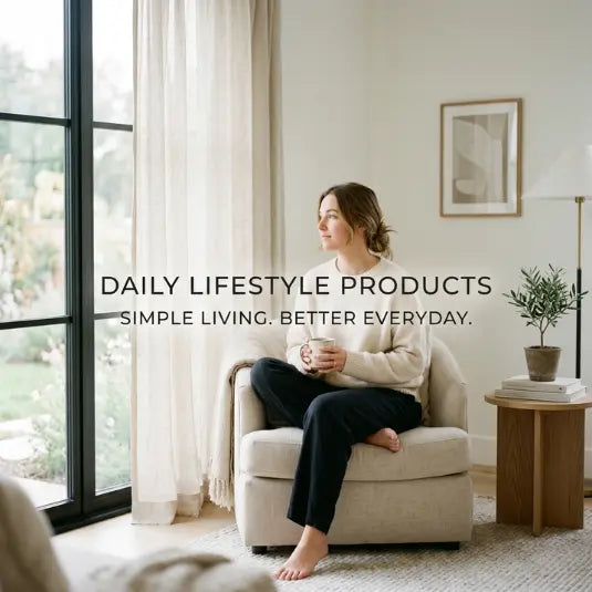 A woman enjoying Nirogin Daily Lifestyle Products in a cozy setting; focus on Foot Massagers for relaxation.