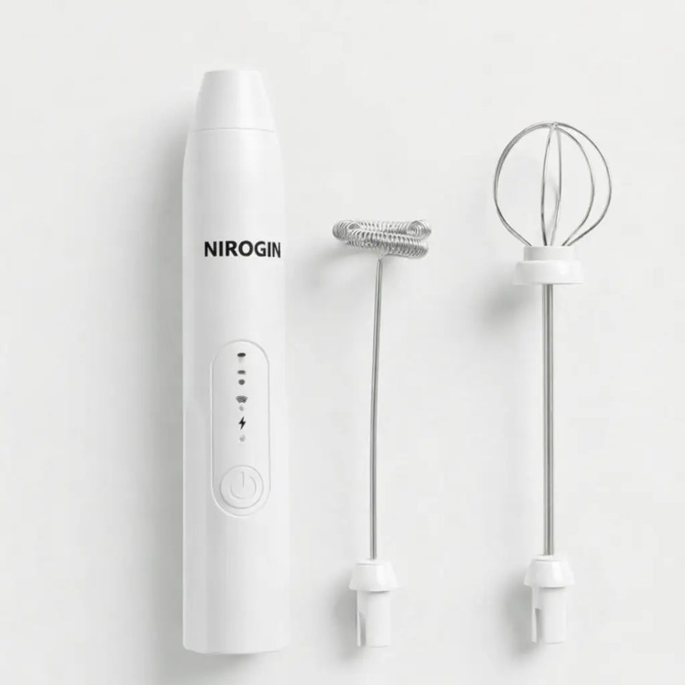 Nirogin Electric Coffee Beater machine with frothing whisks on a light background.