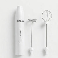 Nirogin Electric Coffee Beater machine with frothing whisks on a light background.
