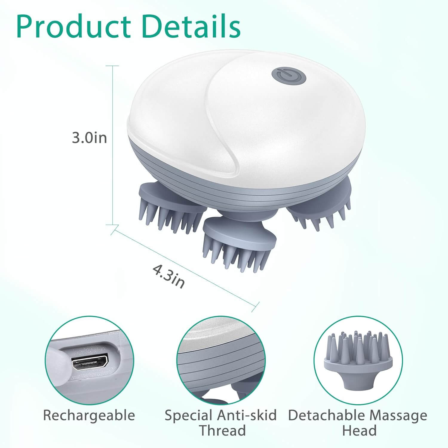 Healing Journey Electric Scalp Massager with 4 Rotating Heads Compact & Ergonomic Design product details showing size and detachable features.