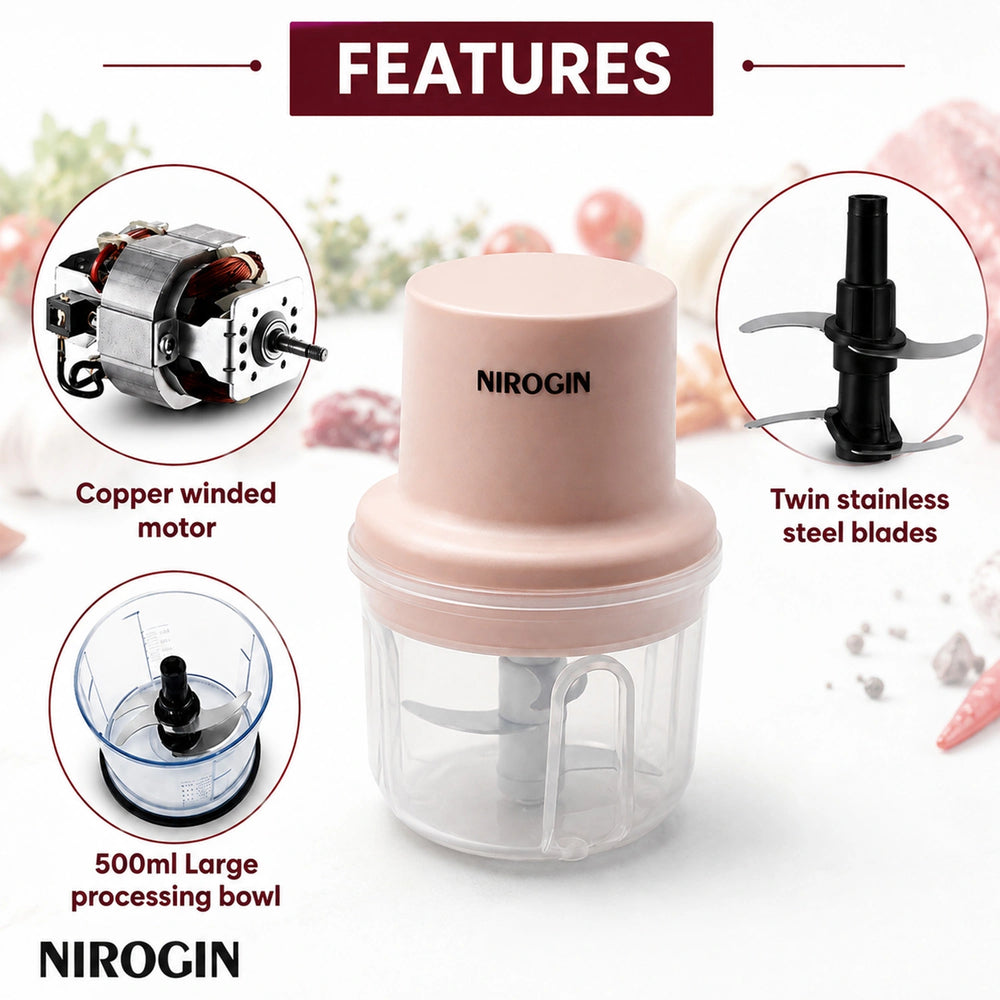 Nirogin Rechargeable Vegetable Chopper features twin stainless steel blades and 500ml processing bowl for efficient chopping.
