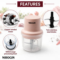 Nirogin Rechargeable Vegetable Chopper features twin stainless steel blades and 500ml processing bowl for efficient chopping.