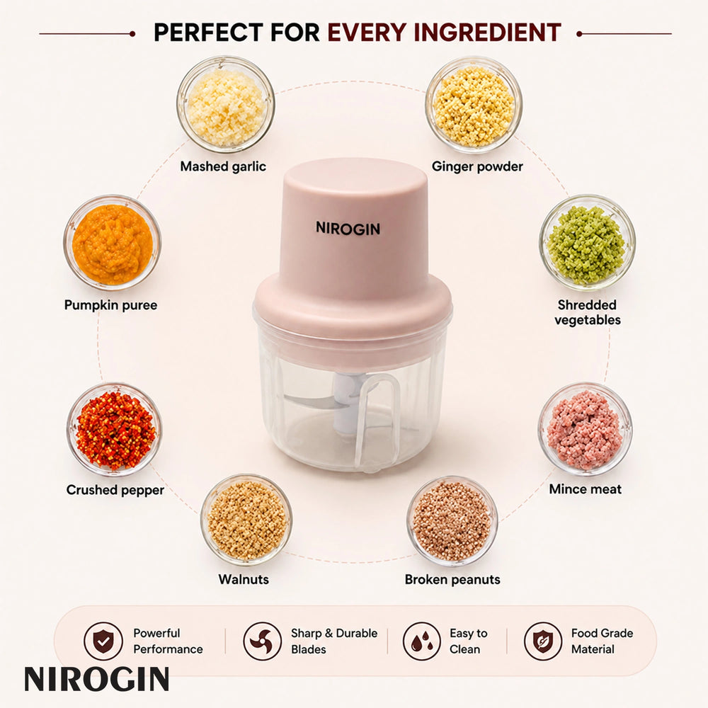 Nirogin Rechargeable Vegetable Chopper with garlic, ginger, vegetables, and nuts for quick and easy cooking.