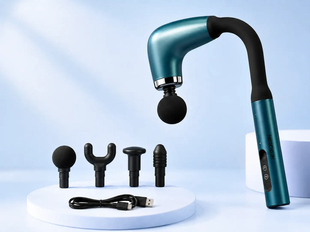 Nirogin Deep Tissue Massage Gun with multiple attachments and USB cable for muscle relief and relaxation.