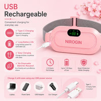 Nirogin Period Cramp Relief Heating Pad features USB rechargeable design, offering convenience for everyday use with easy charging.